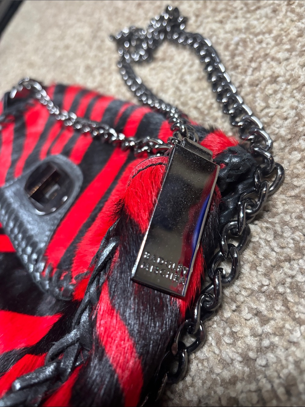 Badgley Mischka Red and Black Zebra animal hair Chain Shoulder Bag - vintage - Picture 2 of 10